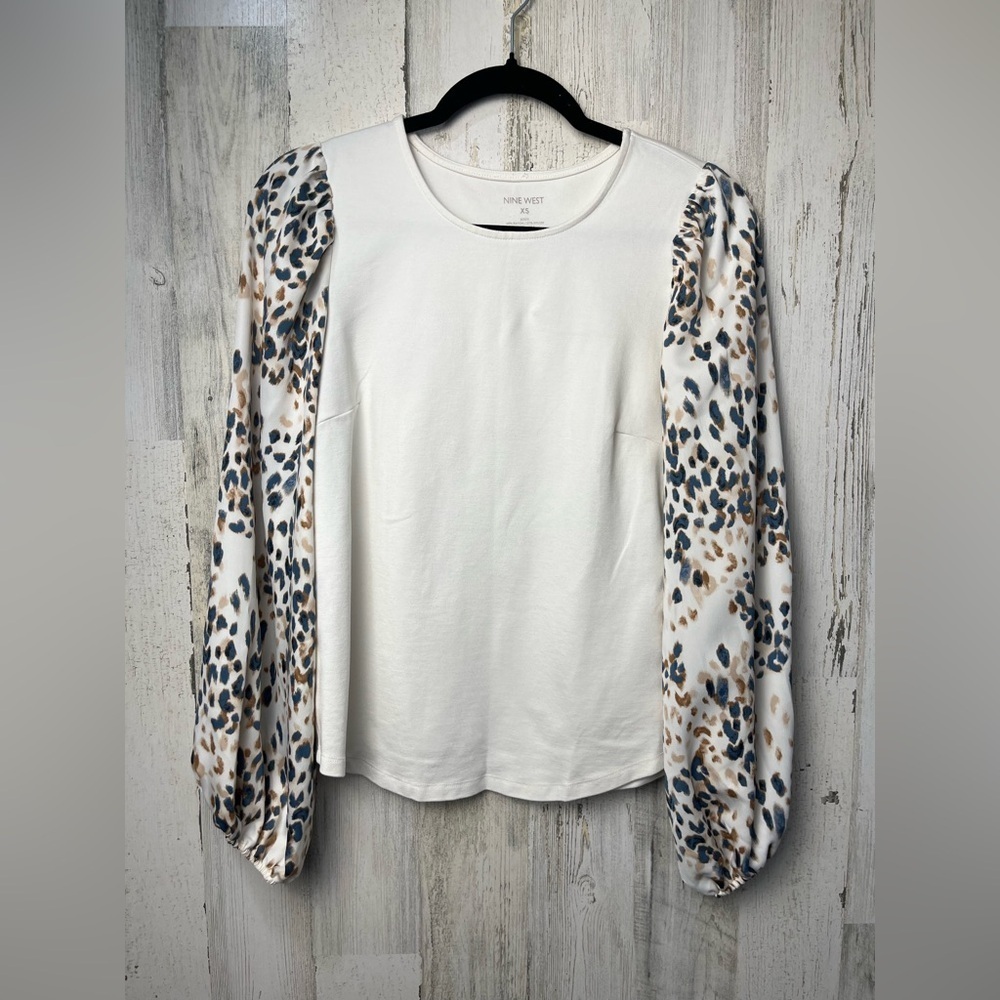 Nine West Womens Cream Animal Print Long Sleeve Top XS